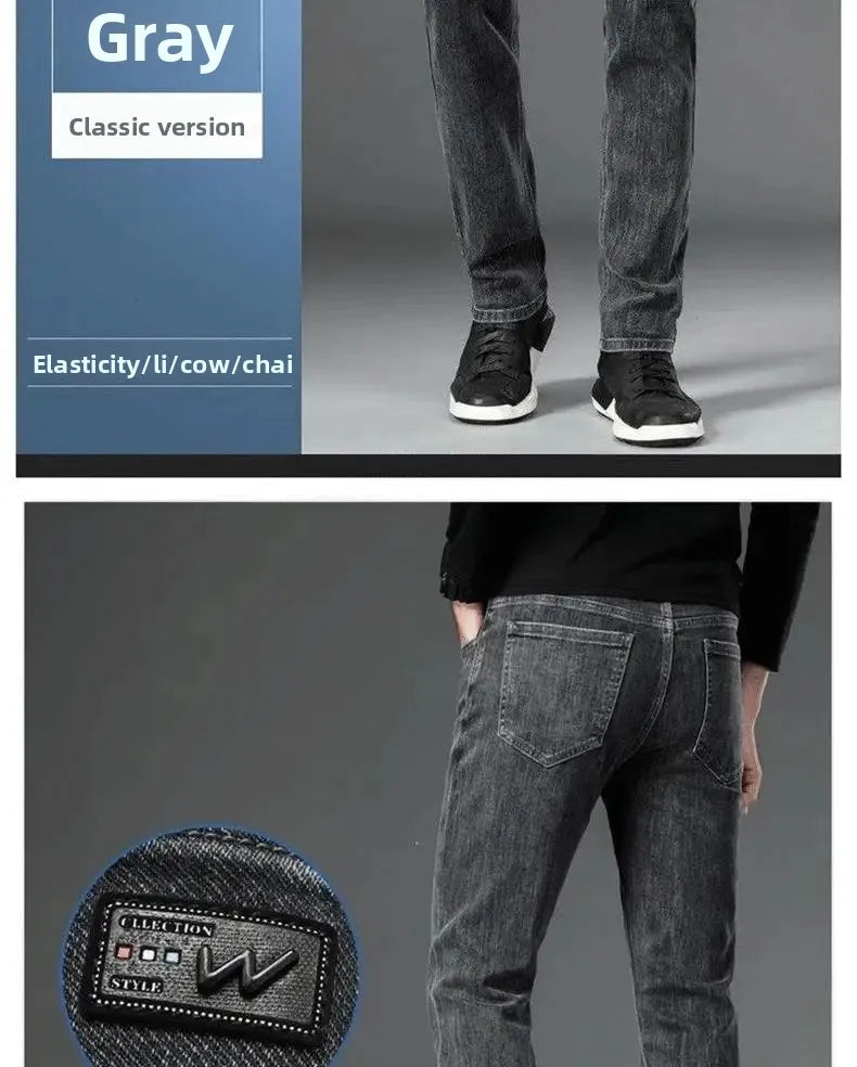 Loose Casual Jeans for Men Mid-aged Thick Winter Long Pants Business Style Straight Leg Spring Autumn Korean Version.