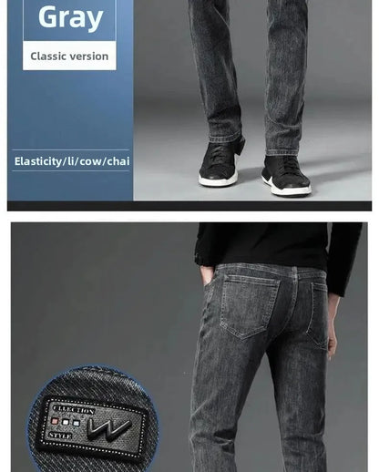 Loose Casual Jeans for Men Mid-aged Thick Winter Long Pants Business Style Straight Leg Spring Autumn Korean Version.