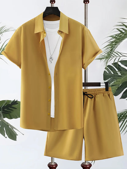 Einfaches einfarbiges Hawaii-Hemd für Herren, Sommer-Trend, kurzärmelige Shorts, 2-teilig, täglich, lässig, Shorts, Top-Anzug, modisch, übergroß.