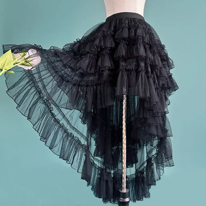 Gothic Lolita Layered Underskirt Sweet Princess Mesh High Low Ruffled Skirt for Women.