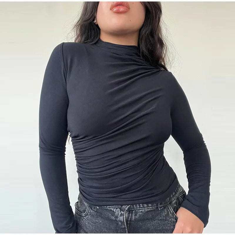 Turtleneck Women Tees Sexy Slim Long Sleeve Pleated All-match Basic Lady T-shirts Spring Autumn Fashion Chic Female Top 2025