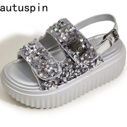 AUTUSPIN 6cm Women Flat Sandals Fashion Platform Ladies Shoes Bling Bling Sequined Cloth Female High Heels Chunky Rome Sandalias.