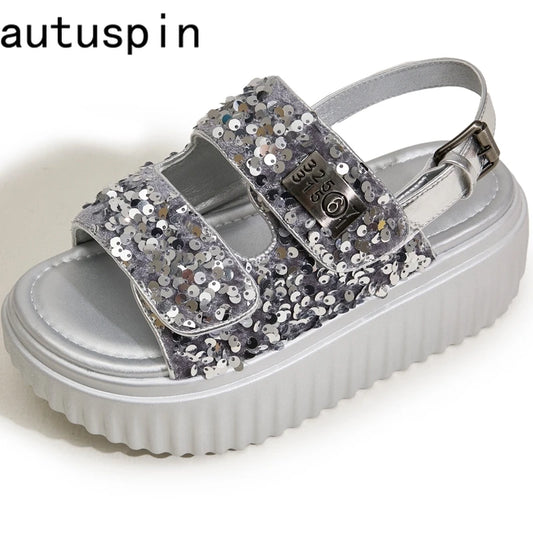 AUTUSPIN 6cm Women Flat Sandals Fashion Platform Ladies Shoes Bling Bling Sequined Cloth Female High Heels Chunky Rome Sandalias.