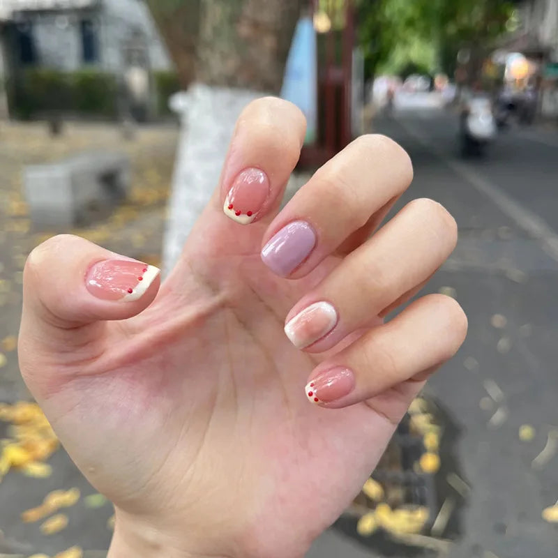 24Pcs Nude Color Fake Nails Short Square Head Press on Nails White Heart Printed Valentine's Day Full Cover False Nails Tips.