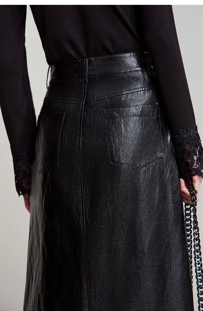 AMII Minimalist PU Leather Skirt For Women 2025 American Retro Knee-Length Skirt Solid Basics Business Women's Clothing 12553014