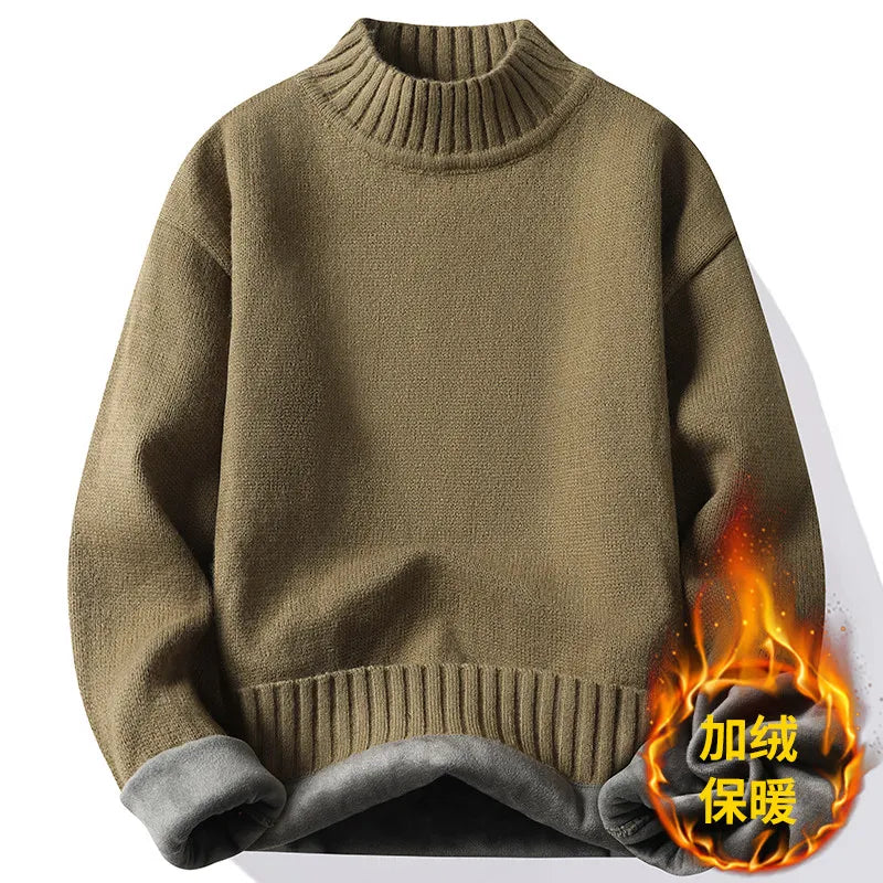 New Winter Men Mock Neck Turtlenecks Pullovers Fleece Warm Knitted Sweaters Good Quality Male Solid Outwear Casual Sweaters 3XL.