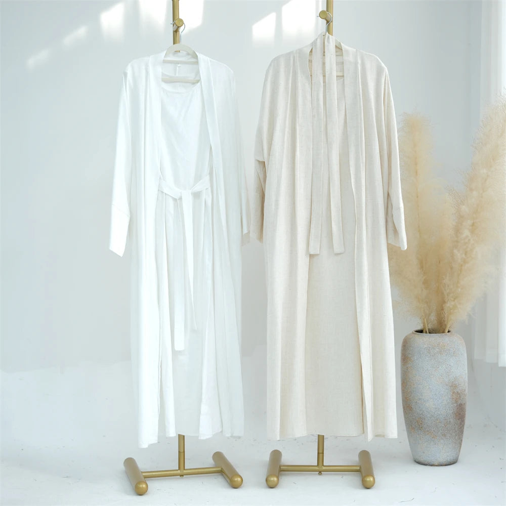 Eid Summer Cotton Linen Kimono Coat Dubai Open Abaya 2024 Muslim for Women Set Retro Kaftan Modest Dresses Islam Clothing Kebaya.