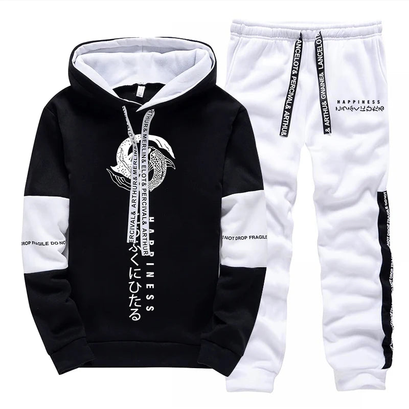 Japanese Fashion Hoodies Sweatpants Men's Hooded Long Sleeved Tracksuit 2pcs Set Harajuku-style All Season Casual Sporty Outfits.