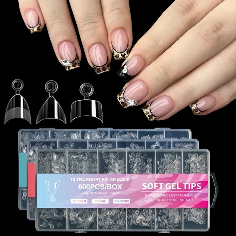 120-600Pcs False Nail Tips Soft Gel Fingertip Semi-matte Square French Coffin Full Half Cover Artificial Fake Nails Extension.