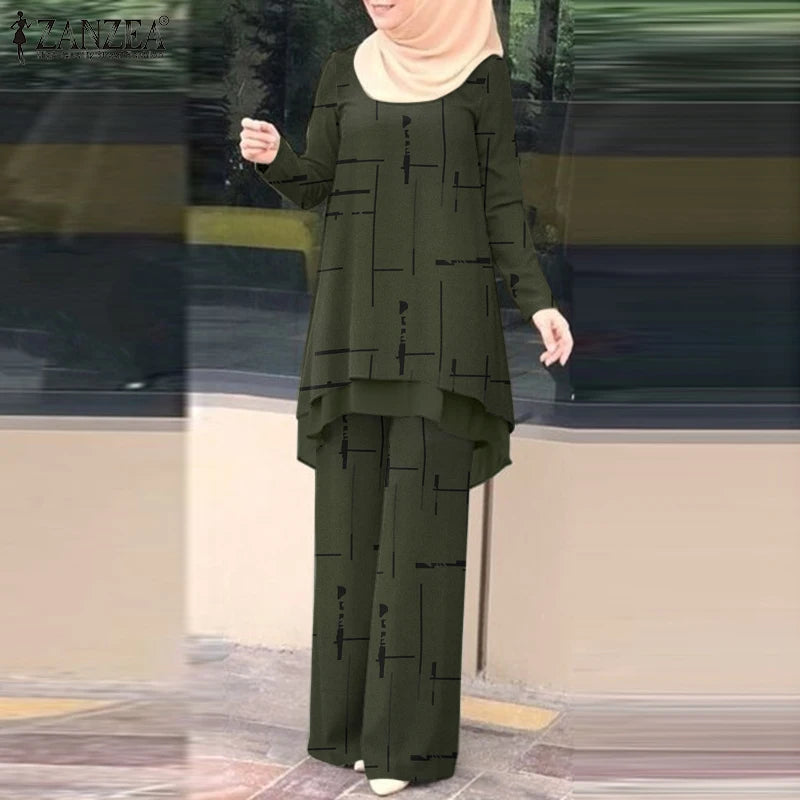 ZANZEA Muslim Women Pant Sets Islamic All-over Printed Long Top and Wide Leg Pant 2pcs Outfits Vintage Elegant 2-Pieces Suits.