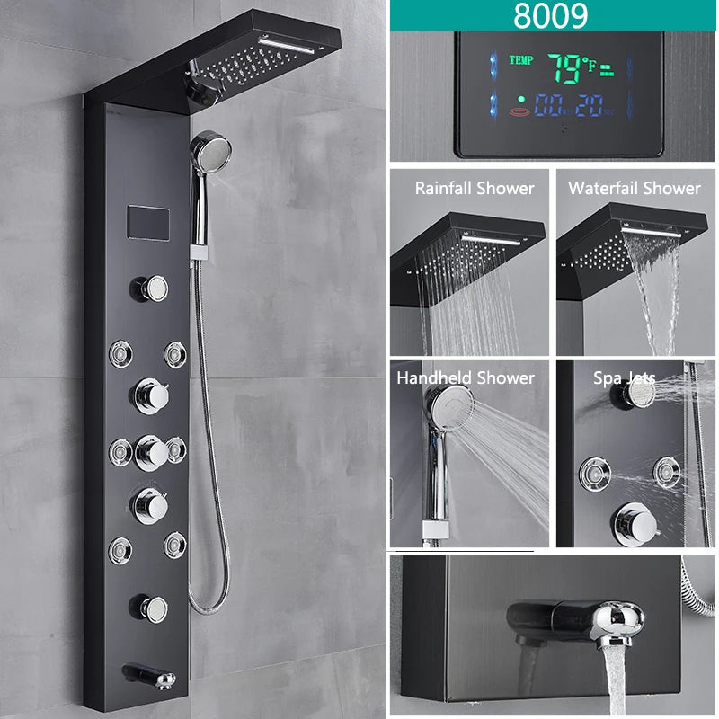 LED Light Bathroom Shower Faucet Set LED Rainfall Shower Panel System Bathtub Water Mixer Tap Massage SPA Temperature Screen