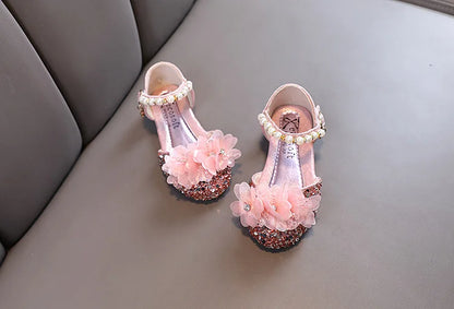 Fashion Children's Sandals 2024 Spring Summer Shining Flowers Sweet Girl Princess Shoes Dance Performance Kids Sandals J191.
