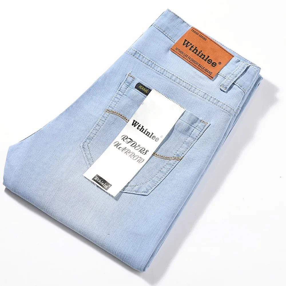 Wthinlee Spring Summer Business Jeans Men Light Blue Casual Straight Stretch Fashion Classic Work Denim Trousers Brand Clothing.