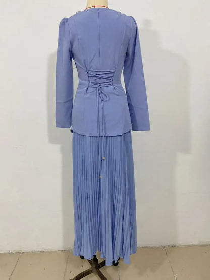 Eid Women Dress Muslim Abaya Pleated Shirt Skirt 2 Piece Set Diamond Party Ramadan Long Dresses Vestidos Largos Arab Long Robe.