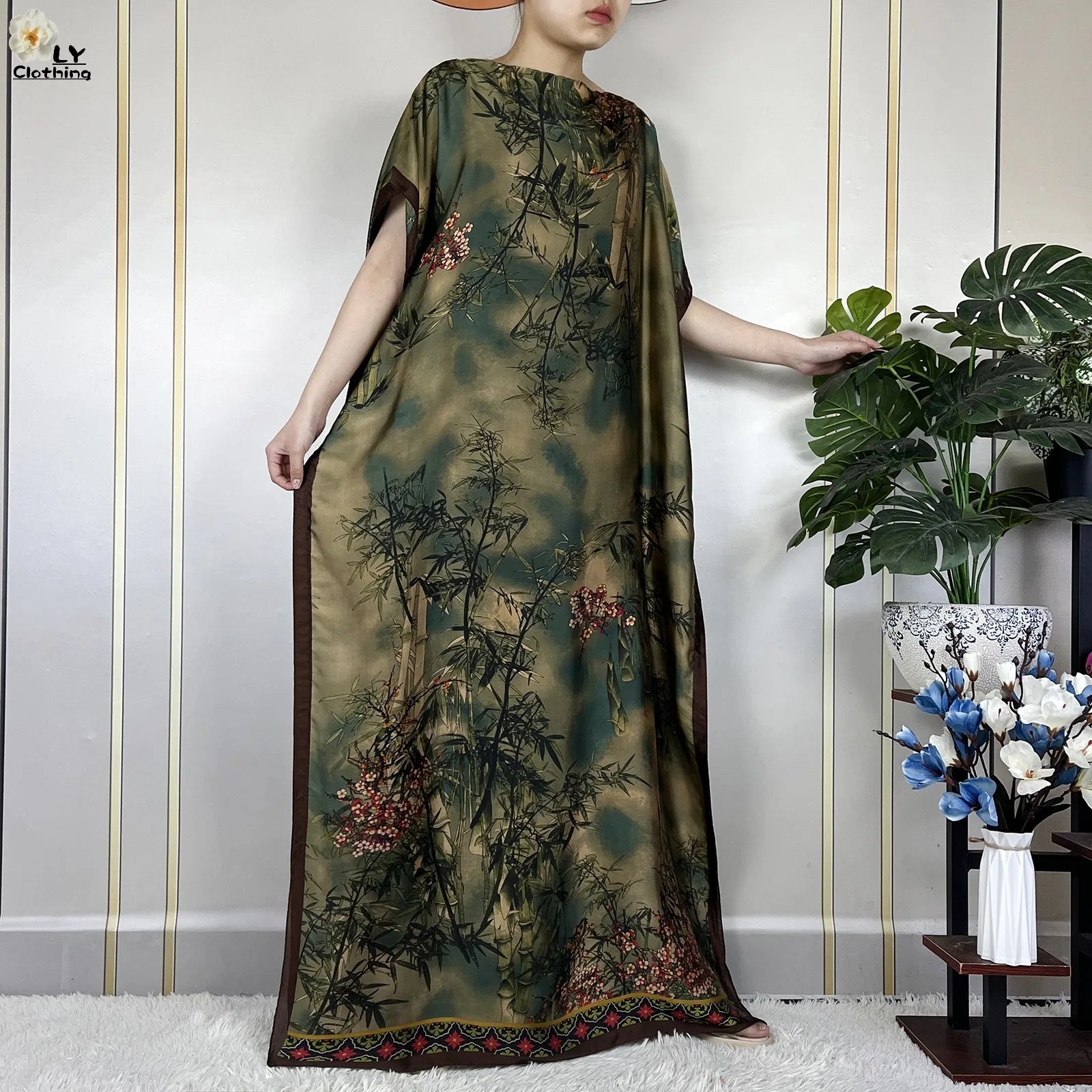 2024 New Dubai Summer Fashion For Women Printed Silk Soft Loose Femme Robe African Islam Maxi Woman Casual Dresses With Turban.