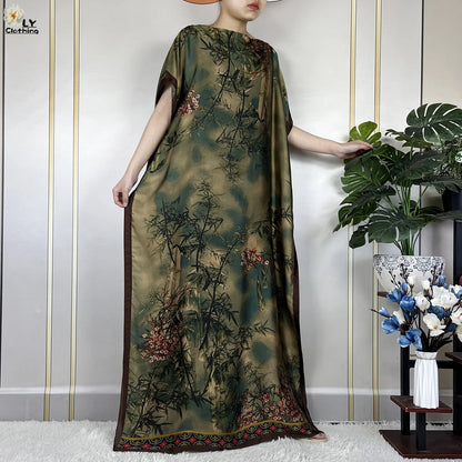 2024 New Dubai Summer Fashion For Women Printed Silk Soft Loose Femme Robe African Islam Maxi Woman Casual Dresses With Turban.