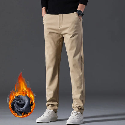 Winter Casual Men Classic Style Business Warm Plush Trousers Regular Thick Fur Pants Male Fleece Elastic Straight Formal Pants.