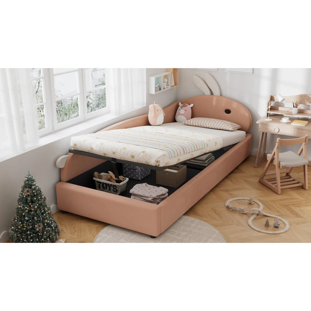 Polsterbett, Einzelbett, Babybett, niedlicher Hasenkopf, hydraulisches Bett mit Stauraum, erhöhter weicher Zaun, Samt, rosa + weiß, 90 x 200 cm