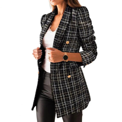 Frauen Herbst Blazer Revers Strickjacke Lange Ärmeln Doppel-breasted Slim Fit Warm Lässige Dick Plaid Print Lady Mantel für arbeit Jacke.