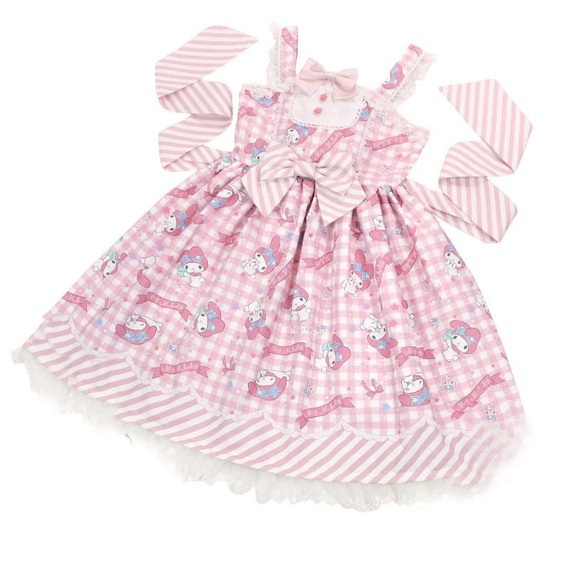 Anime My Melody Lolita Kleid Cinnamoroll Prinzessin Kleid Kuromi Süßer süßer Druck Schleife Spitze Party Trägerkleid Kawaii Academy Kleid.