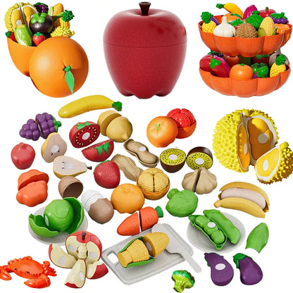Kid Pretend Play Kitchen Toy Set Simulation Cut Fruit Vegetables Sensory Game Make Pizza Food Cook Girl Interactive Education To.