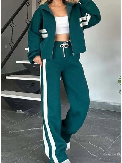 Fashion Striped Hoodie Set For Women Casual Long Sleeve Zip Tops+High Waist Wide Leg Pants 2 Piece Sets Lady Y2k Sports Clothes.