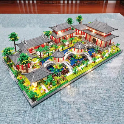 Lezi Architecture Ancient Pavilion Temple Tower Lake Garden Gate LED Light Model Mini Diamond Blocks Bricks Building Toy no Box.