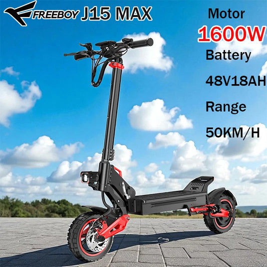 J15MAX Electric scooter 1600W powerful motor 48V18AH lithium battery foldable E scooter 10-inch tires adult off-road e-scooter.