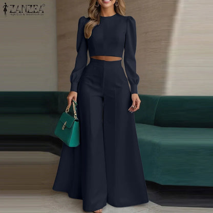 2025 ZANZEA Autumn Pant Sets 2PCS Women Outfits Long Sleeve Cropped Tops Wide Leg Trousers Solid Tracksuits Suit Matching Sets.
