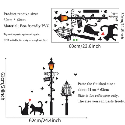 Cartoon Street Lamp Cat Wall Sticker Living Room Entrance Background Home Decoration Bedroom Decor Decal Self Adhesive Wallpaper.