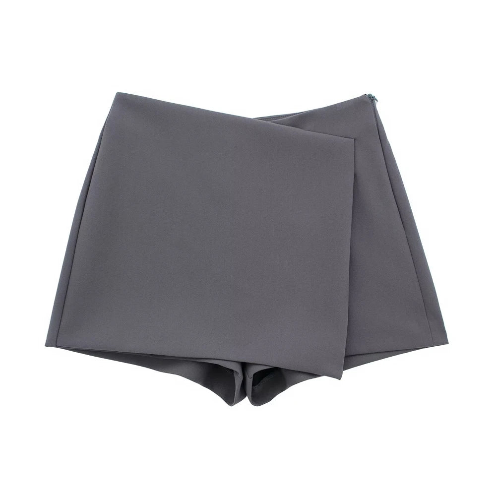 Women Fashion Asymmetric Pareo Style Self Overlay Shorts Skirts Vintage High Waist Side Zipper Female Skort Mujer.