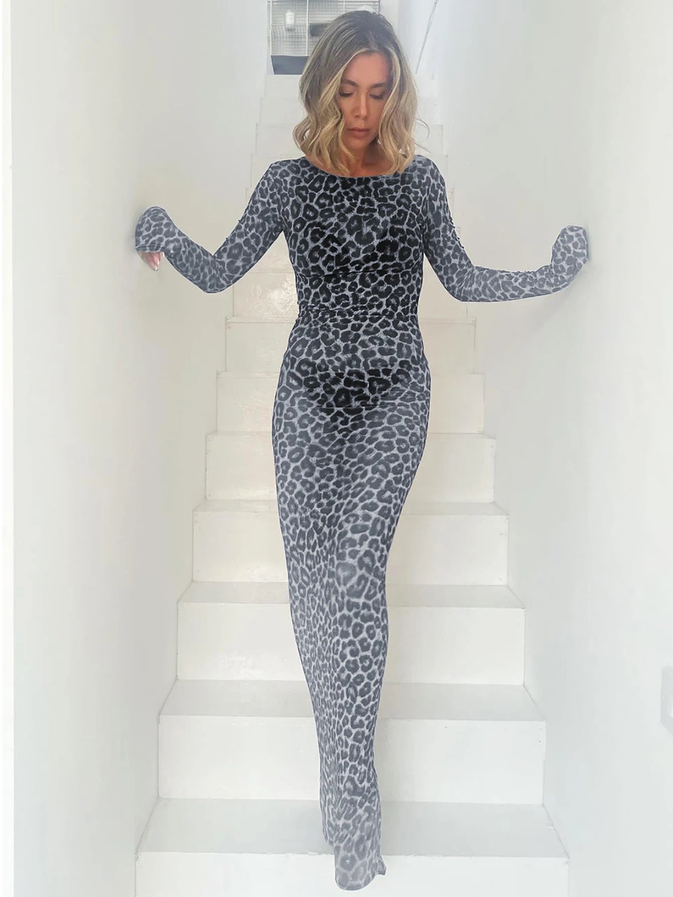 Dulzura 2024 Sexy Elegantes Maxikleid Bedrucktes Leoparden-Langarmkleider Damenkleidung Y2K Lady Party Club Streetwear Urlaub