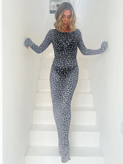 Dulzura 2024 Sexy Elegantes Maxikleid Bedrucktes Leoparden-Langarmkleider Damenkleidung Y2K Lady Party Club Streetwear Urlaub