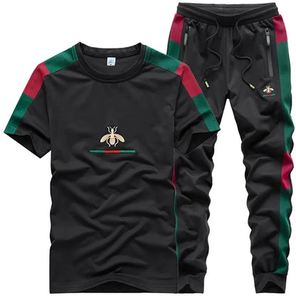 Casual Embroidered Short Sleeve Long Pants Set round Neck Two Piece Set Men's Fashionable Korean Style Spring Autumn Wear.