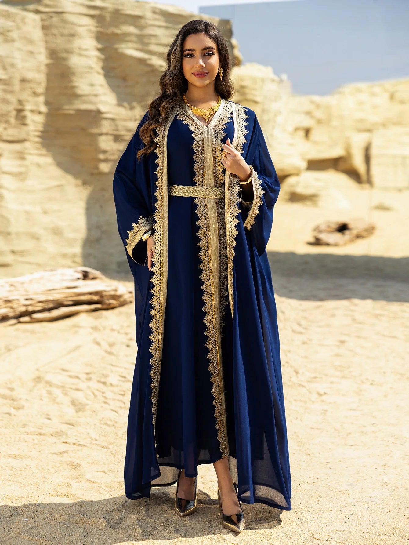 Uni Ramadan Sequins Dubai Abayas Arab Tunics Batwing Sleeve Dresses For Women Gala Two pieces Moroccan Elegant Kebaya.