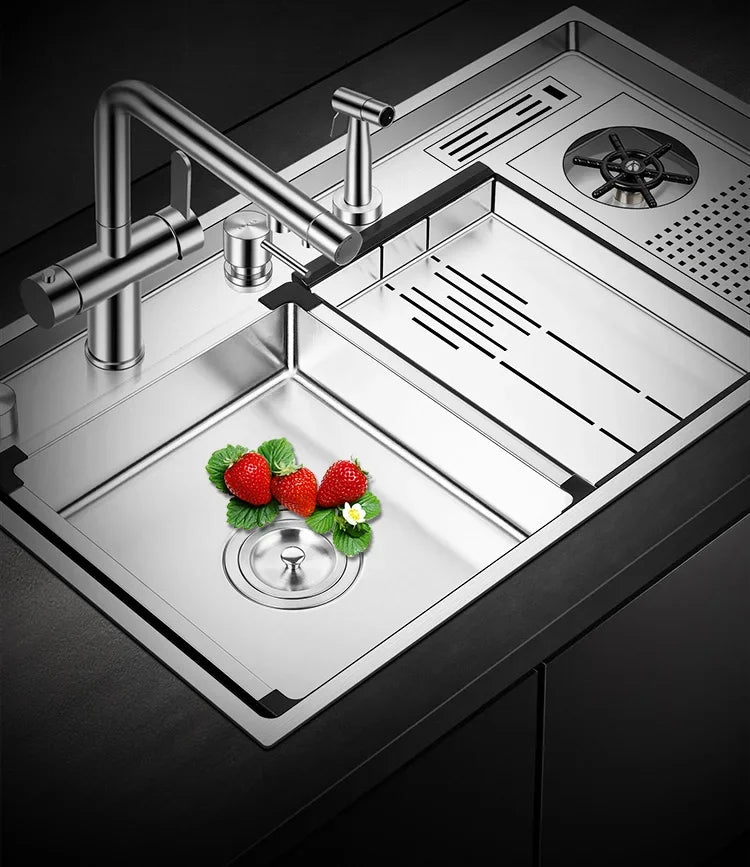 Large Size Nano Meter Cup Rinser Stepped Kitchen Sink 304 Stainless Steel 4mm Thickness Handmade Sinks With Knife Holder