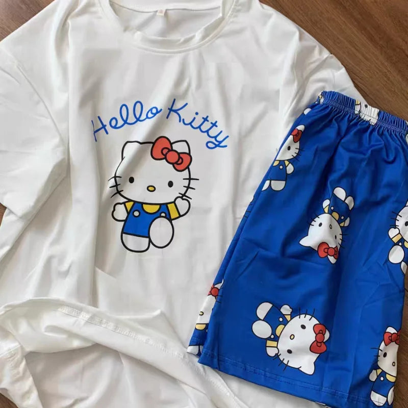 Hello Kitty Pyjamas für Damen, kurzärmelig, Freizeitkleidung, Heimkleidungsset, Cartoon-Süßes Mädchen, Geburtstagsgeschenke.