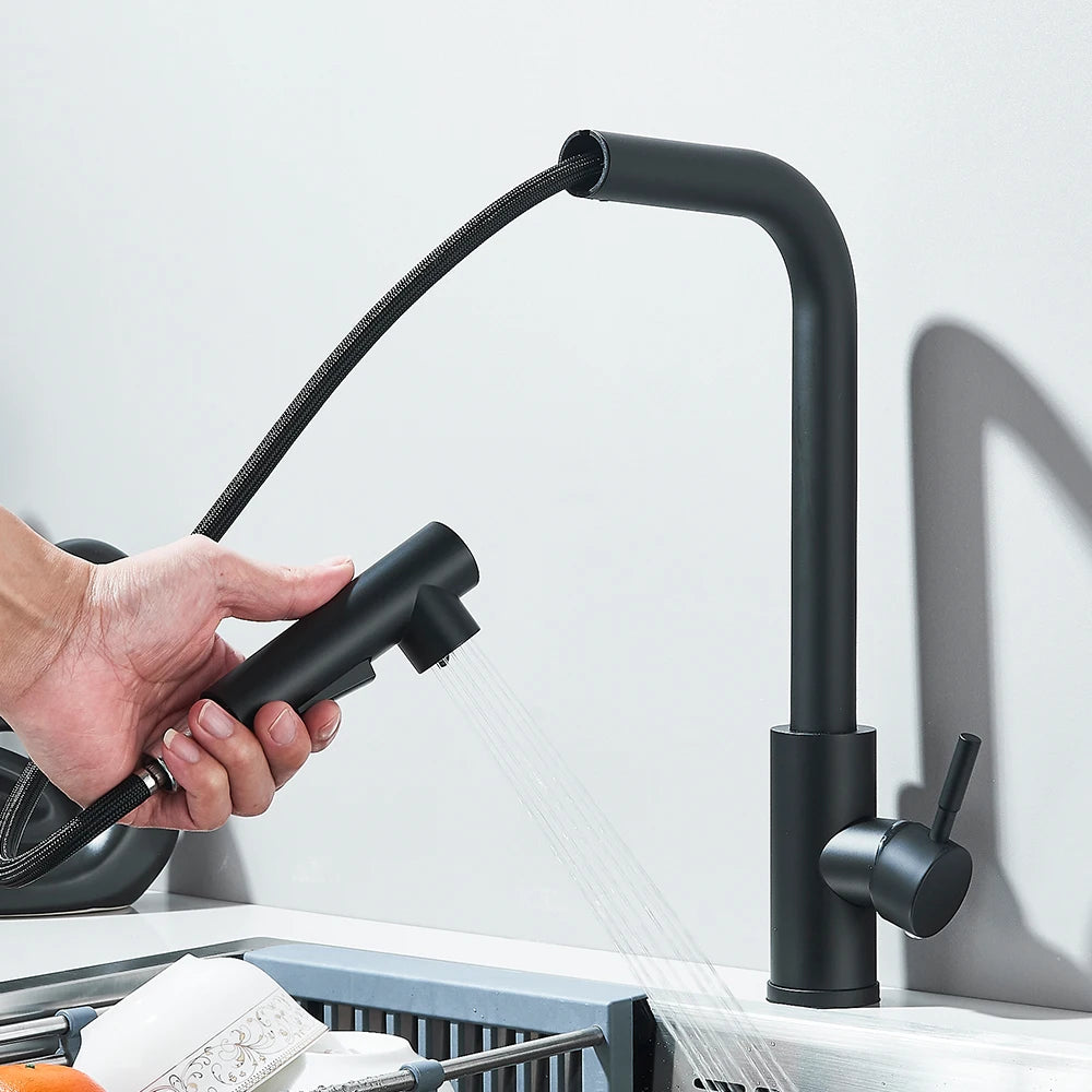 Black Pull Out Kitchen Sink Faucet Two Model Stream Sprayer Nozzle Stainless Steel Hot Cold Wate Mixer Tap Deck