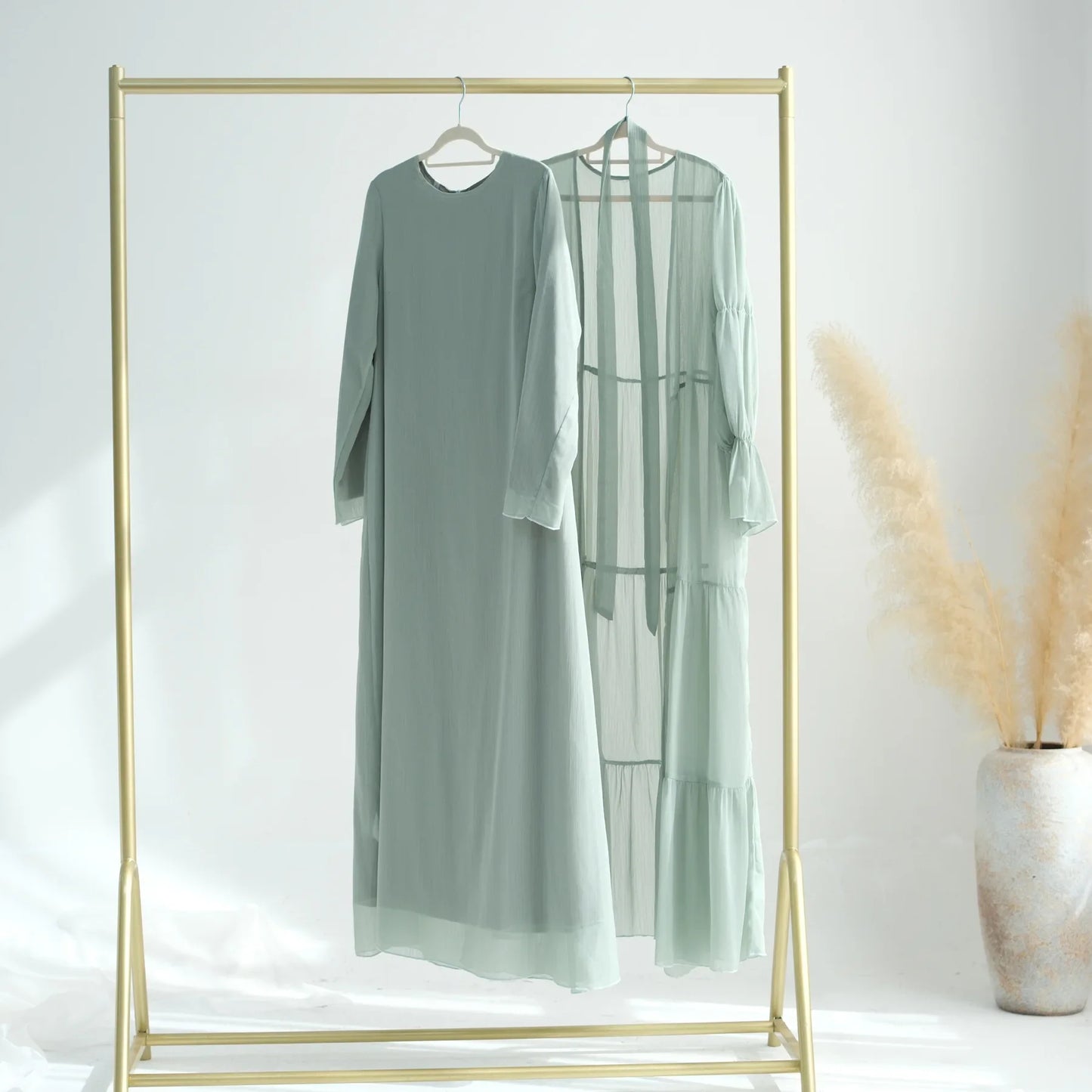 Chiffon Sheer Open Abaya Set Hijabi Muslim Women Party Ramadan Islamic Clothing  Dubai Turkey Kaftan Crepe Kimono Open Abayas