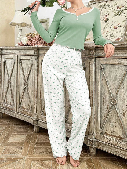 Autumn Winter Pajamas Set for Women Sleepwear Long Sleeve T-shirt with Long Trouses Set Homewear Femme Loungewear.
