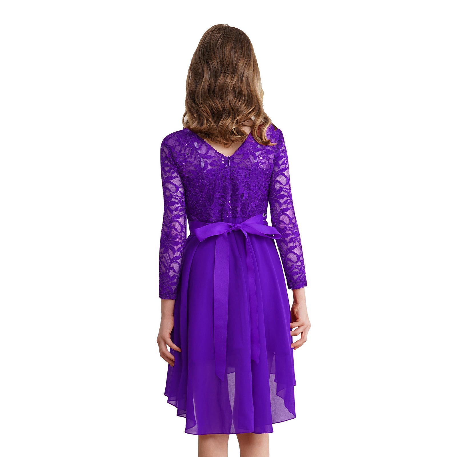 Elegantes Spitzen-Partykleid für Kinder, Mädchen, Chiffon, Spleißen, langärmelig, Kleid mit hohem und niedrigem Saum und Strass-Schärpe für Hochzeit, Geburtstag.