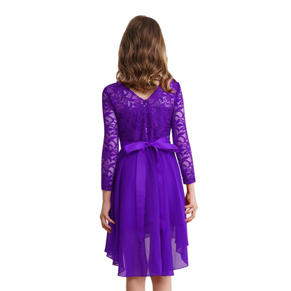 Elegantes Spitzen-Partykleid für Kinder, Mädchen, Chiffon, Spleißen, langärmelig, Kleid mit hohem und niedrigem Saum und Strass-Schärpe für Hochzeit, Geburtstag.