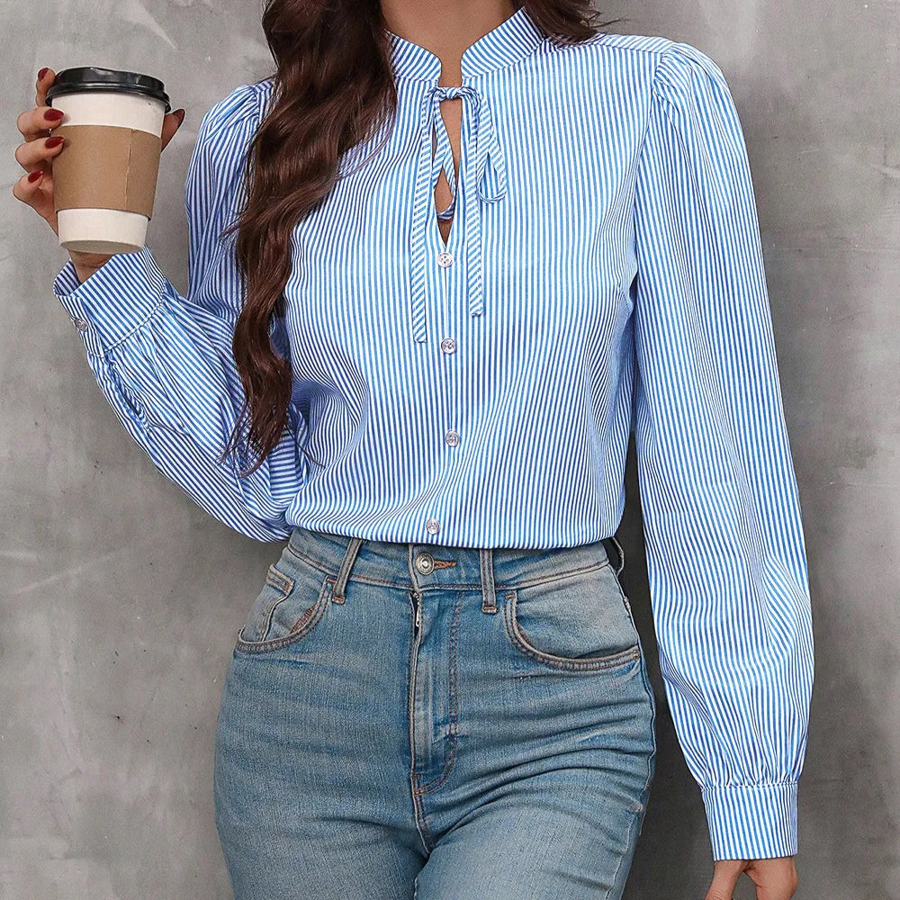 New Fashion Women's Color-coded Striped Casual Trendy Loose Single-breasted Pullover Long Sleeve Shirts Female Clothes T-shirts.