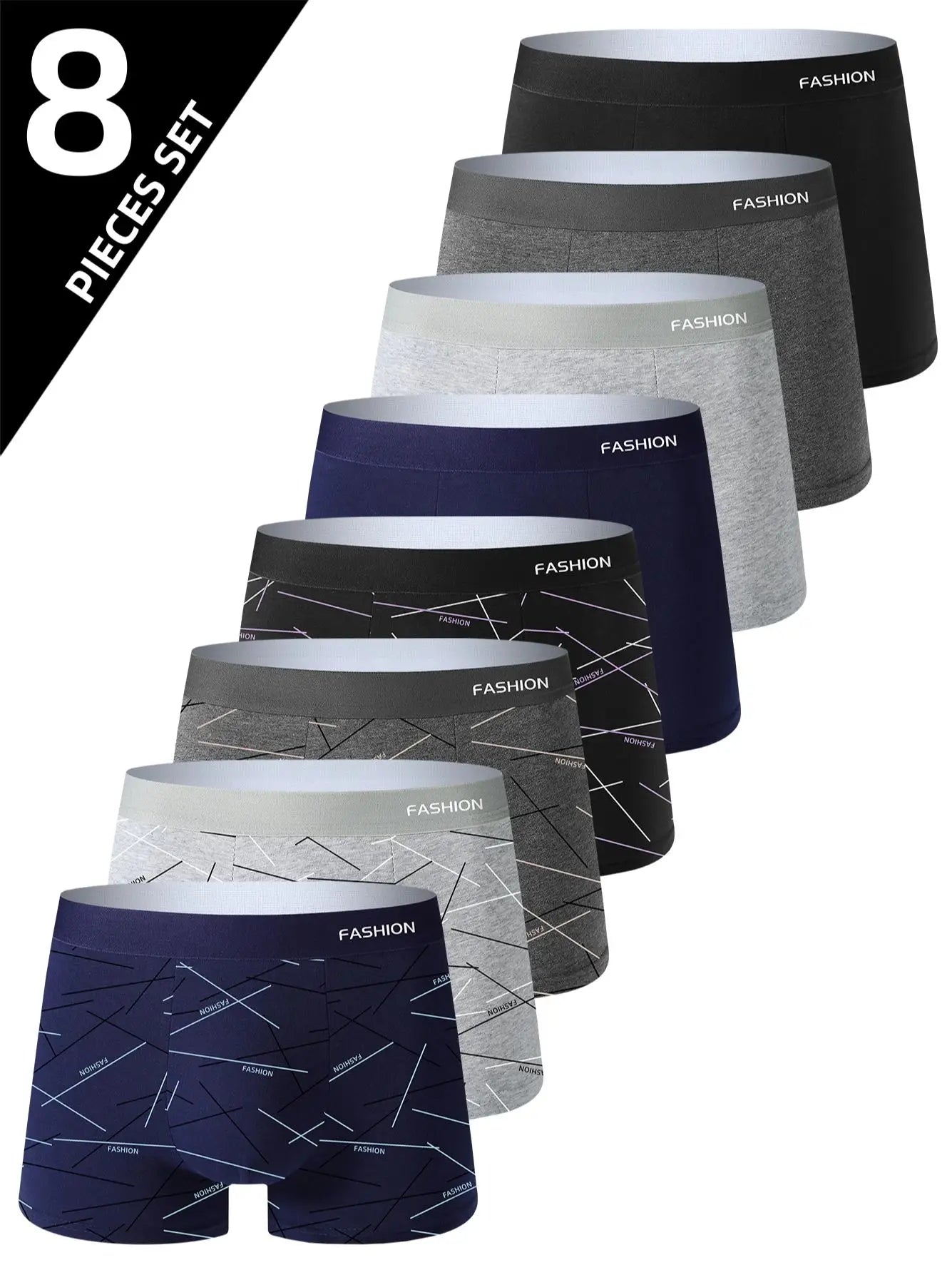 8PCS Herrenunterwäsche, weich, gesund, atmungsaktiv, Herren-Boxershorts, modisch, trendige Linien, hochwertige, lässige Sport-Herrenhosen