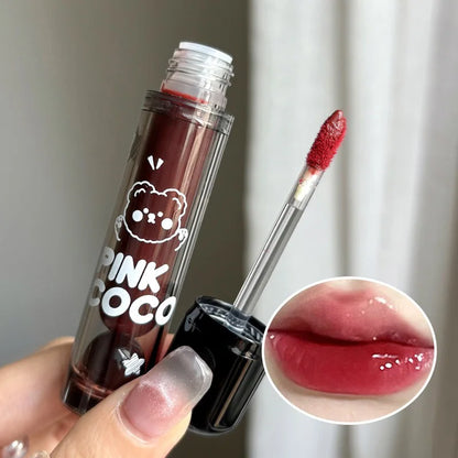 PINKCOCO Bear Doodle Mirror Lip Glaze — Long-Lasting Shiny Lip Gloss, Student-Friendly, Skin-Brightening Nude Lipstick.