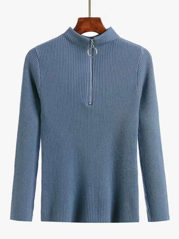 Frauen Fashion Solid Strick Pullover Vintage Langarm Zip-up Grundlegende Hälfte Rollkragenpullover Weibliche Pullover Chic Casual Tops.