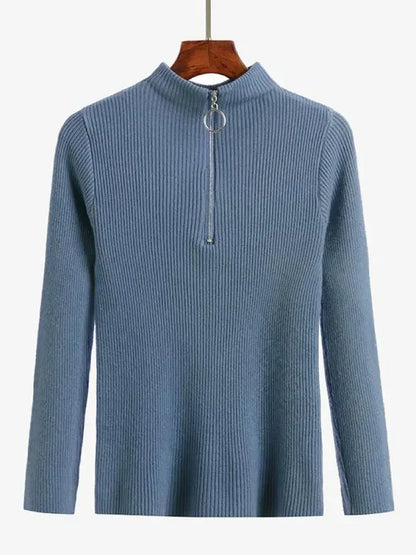 Frauen Fashion Solid Strick Pullover Vintage Langarm Zip-up Grundlegende Hälfte Rollkragenpullover Weibliche Pullover Chic Casual Tops.