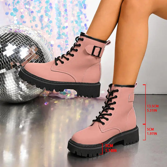 Chunky Platform Thick Heel Pink Ankle Boots Women 2025 Winter Punk Thick Bottom Lace Up Motorcycle Boots Metal Buckle Booties.
