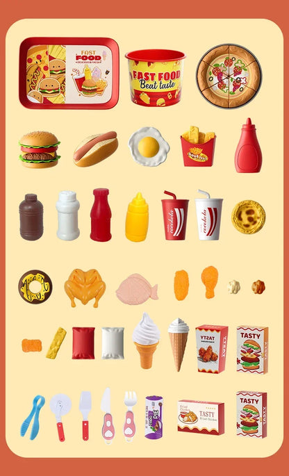 Kid Kitchen Toy Set Simulation Make Hamburger Pizza Fries Pretend Play Food Cooking Cutting Game Montessori Interactive Toy Gift.