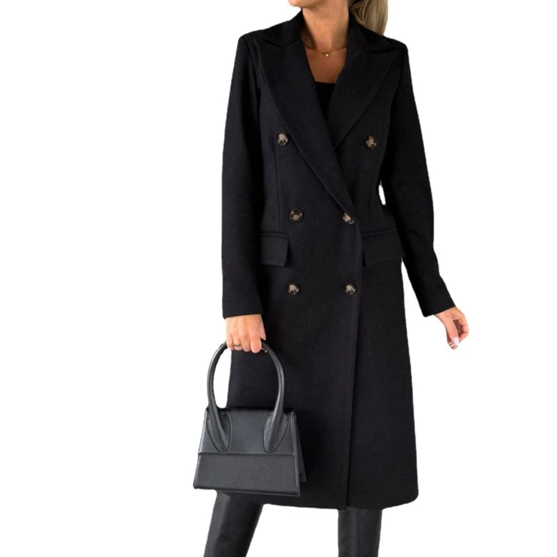 Damen-Mantel aus Wollmischung, langärmelig, zweireihig, Jacken, Mantel mit Tasche, warmer Winter-Trenchcoat, Oberbekleidung.